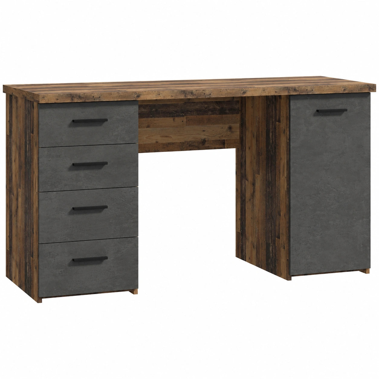 Schreibtisch – 145 × 76,3 × 60 cm, mit Schubladen, aus Holzwerkstoff und Holz, Betonoptik und Dunkelgrau